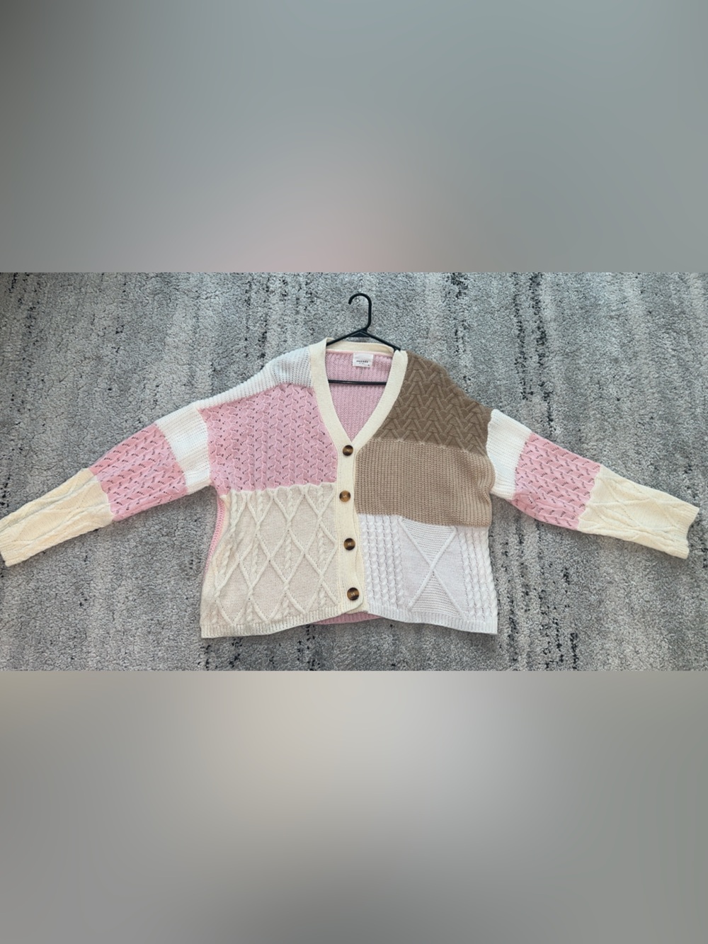 ANDREE BY UNIT Patchwork Knit Button-Front Cardigan in Pink, Cream, Tan